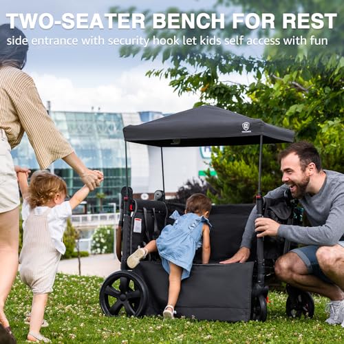 EVER ADVANCED Side-unzip Wagon Stroller for 2 Kids, Push Pull Stroller with Adjustable Handle, Easy Access Front Zipper Door, 5-Point Harness Removable UV-Protection Canopy Shock-Absorbing Wheels,Grey