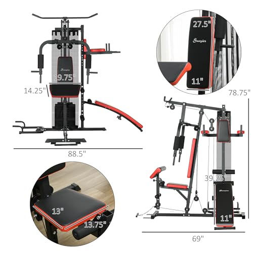 Soozier Multi Gym Workout Station with 143lbs Weight Stack, Home Gym Equipment with Sit up Bench, Push up Stand, Dip Station, Adjustable, for Full Body Strength Training