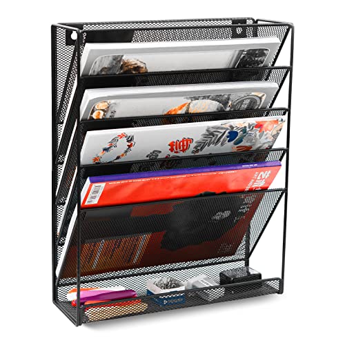 EasyPAG Wall File Organizer 5 Tier Vertical Hanging File Organizer Wall Mount File Holder Paper Folder Rack with Bottom Flat Tray for Office and Home,Black