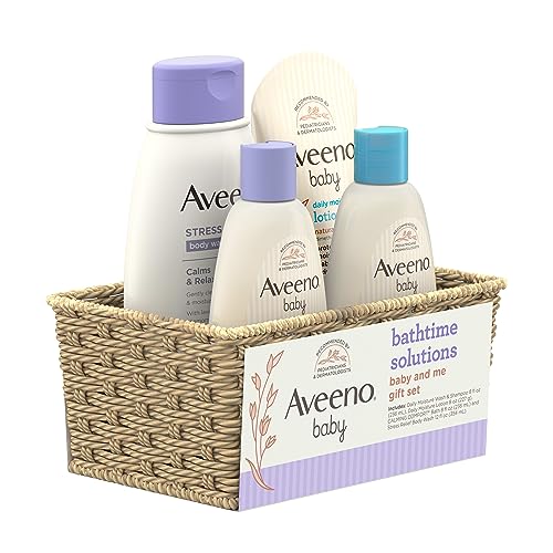 Aveeno Baby Bathtime Solutions Baby & Me Gift Set with Baby Wash & Shampoo, Calming Baby Bath & Wash, Baby Daily Moisturizing Lotion & Stress Relief Body Wash for Mom, Soap-Free, 4 items