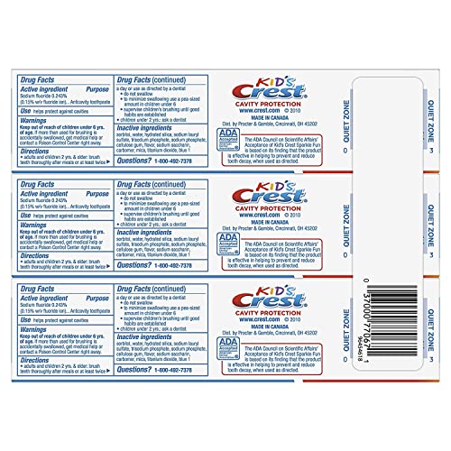 Crest Kid's Cavity Protection Toothpaste (children and toddlers 2+), Sparkle Fun, 4.6 Oz (Pack of 3)