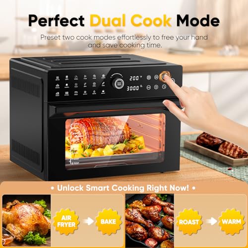 32QT Extra Large Air Fryer, Toaster Oven Air Fryer Combo, 360°Hot Air Circulation for Healthier Food, 1800W Preset Dual Cook, 13"Pizza Cooking, 20-in-1 Double-Rack Oven, 7-Accessory, Transparent Door