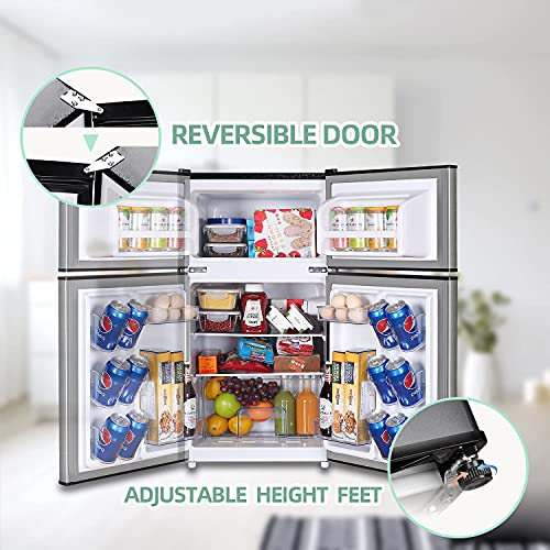 Mini Fridge with Freezer, 3.2 Cu.Ft Mini Refrigerator with 2 Doors, Compact Small Refrigerator for Dorm, Bedroom, Office, Energy Saving, 37 dB Low Noise, Stainless Steel