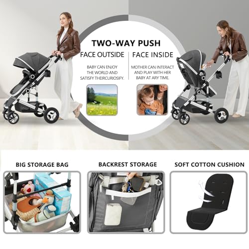 Kinder King 2 in 1 Convertible Baby Stroller, Folding High Landscape Infant Carriage, Newborn Reversible Bassinet Pram, Adjustable Canopy, Diaper Bag, Anti-Shock Toddler Pushchair Dark Grey