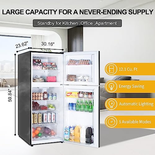 Frestec 12.1 CU' Refrigerator with Freezer, Apartment Size Refrigerator Top Freezer, 2 Door Fridge with Adjustable Thermostat Control, Freestanding, Door Swing, Black (FR 1202 BK)