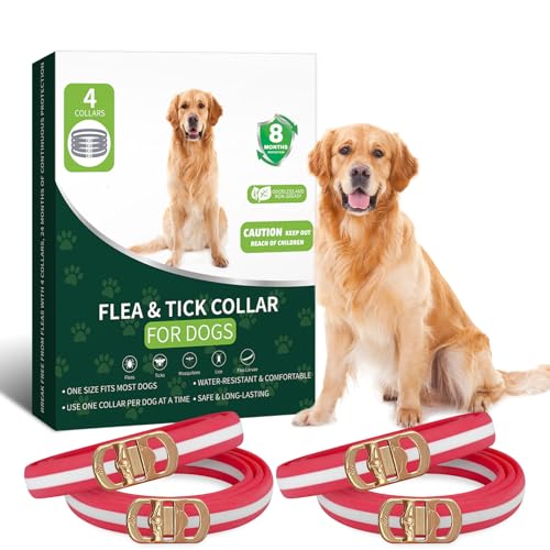 4 Pack Flea Collar for Dogs, Flea and Tick Collar for Dogs Red & White, 32 Months Flea and Tick Prevention for Dogs, Dog Flea and Tick Treatment, Water-Resistant & Adjustable Dog Flea Collar