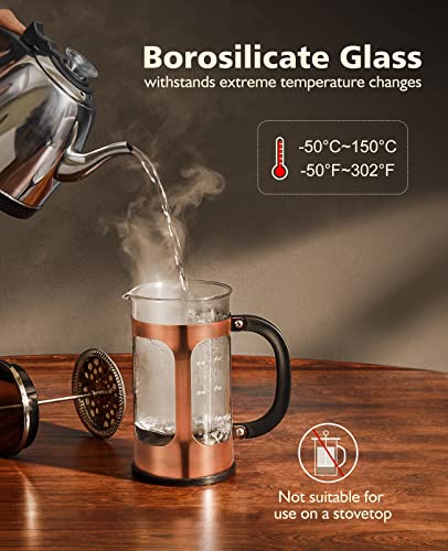 BAYKA 34 Ounce 1 Liter French Press Coffee Maker, Glass Copper Stainless Steel Coffee Press, Cold Brew Heat Resistant Thickened Borosilicate Coffee Pot, Gifts for Camping Dad Mom Men Women Fathers Day