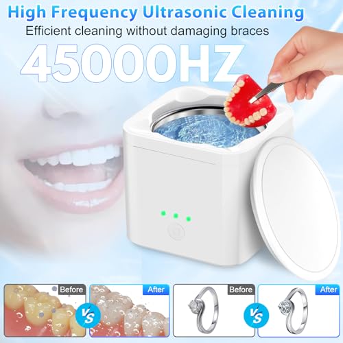 Ultrasonic Cleaner for Retainer, Denture, Mouth Guard, Aligner, 45kHZ Jewelry Cleaner Ultrasonic Machine 200ML Portable Retainer Cleaner for All Dental Appliances, Jewelry