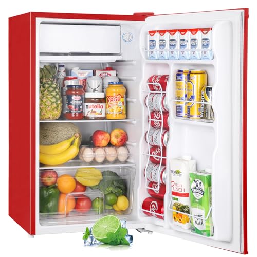 Upstreman 3.2 Cu.Ft Mini Fridge with Freezer, Single Door, Adjustable Thermostat, Refrigerator for Dorm, Office, Bedroom, Red-BR321