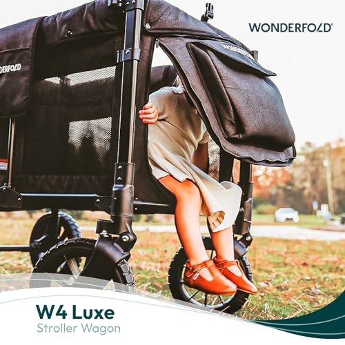 WONDERFOLD W4 Luxe Quad Stroller Wagon (4 Seater) - Collapsible Wagon Stroller with Seats with Magnetic Buckle 5-Point Harnesses and Adjustable Sun Canopy, Charcoal Gray-White Frame