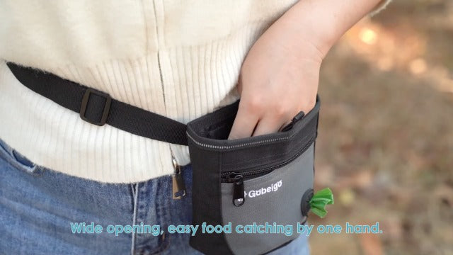 Dog Treat Pouch and Training Clicker, Upgrade Two Magnetic Closure to Prevent Spills, 2 Cup Treat Bag with Poop Bag Dispenser, Metal Clip Waist Belt Fanny Pack for Pet Walking (Black/Gray)
