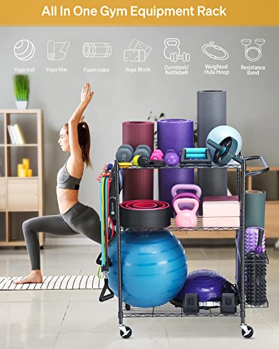 Yoga Mat Storage Rack, Home Gym Workout Equipment Storage Rack, Cart for Organizing Workout Room, Organizer Yoga Equipment Dumbbell Kettlebells Home Gym Storage Rack with Hooks and Wheels