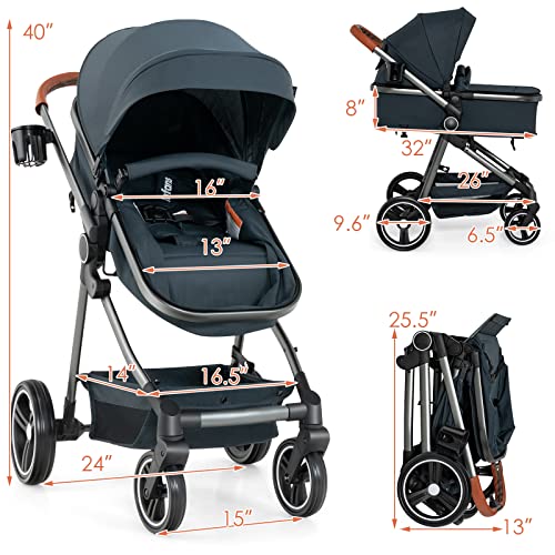 INFANS 2 in 1 High Landscape Convertible Baby Stroller, Newborn Reversible Bassinet Pram, Foldable Pushchair with Adjustable Canopy, Aluminum Structure, 5-Point Harness for Infant Toddler (Black)