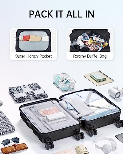 BAGSMART 2 Piece Luggage Set, 20 Inch Carry On Suitcase with Spinner Wheels, Duffel Bag for Men Women, Black, Polycarbonate