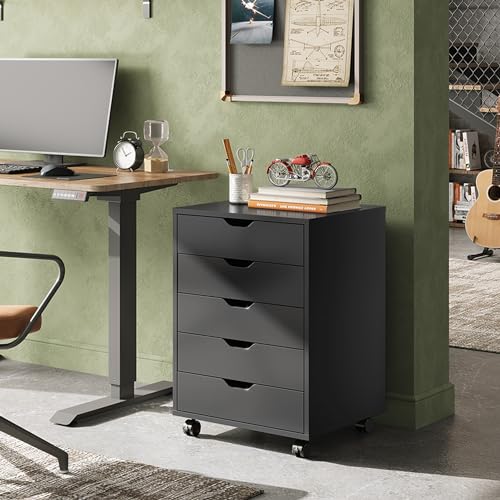 DEVAISE 5-Drawer Chest, Wood Storage Dresser File Cabinet with Wheels, Black