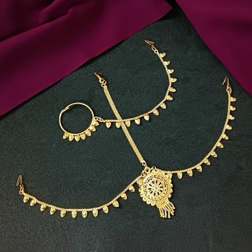 Efulgenz Gold Tone Indian Jewelry for Women Bridal Hair Jewelry for Women Dubai Style Matha Patti with Indian Nose Rings Hoop with Chain Nath Nathni Nose Pin Stud Fake Septum Ring Gold Tone Floral Maang Tikka Headpiece Hair Accessories