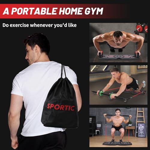 Push Up Board Workout Equipment Home Gym with Exercise Accessories Resistance Bands & Ab Roller Wheel & Pilates Bars - Portable Gym with Foldable Pushup Board - Exercise Equipment for Women & Men's Gift