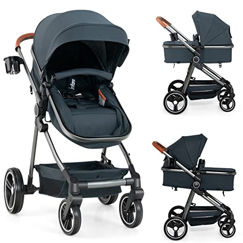 INFANS 2 in 1 High Landscape Convertible Baby Stroller, Newborn Reversible Bassinet Pram, Foldable Pushchair with Adjustable Canopy, Aluminum Structure, 5-Point Harness for Infant Toddler (Black)