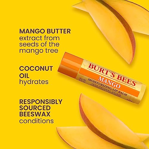 Burt's Bees Lip Balm - Pink Grapefruit, Mango, Coconut & Pear, and Pomegranate Pack, Lip Moisturizer With Beeswax, Tint-Free, Natural Origin Conditioning Lip Treatment, 4 Tubes, 0.15 oz.