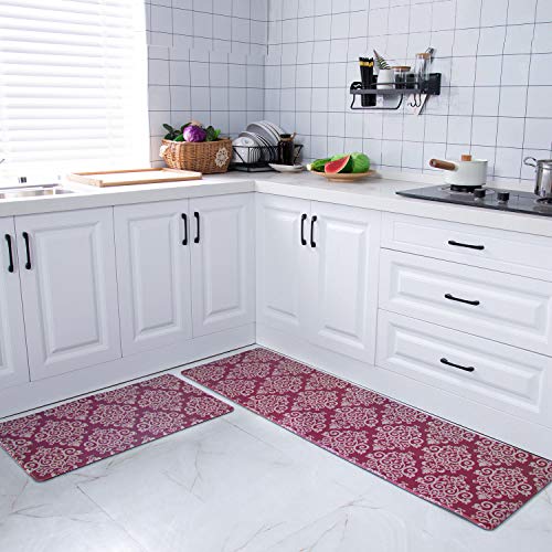 COSY HOMEER 59x18 Inch/30X18 Inch Cushioned Anti-Fatigue Kitchen Rug, 2 Pieces PVC Ergonomic Comfort Standing Foam Mats,Waterproof Non-Slip Kitchen Mats and Rugs for Floor Home Sink,RED