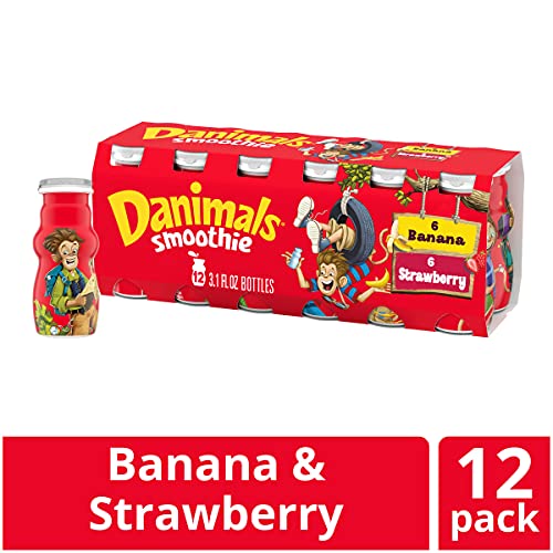 Danimals Smoothie Strawberry Explosion and Banana Split Dairy Drink Multi-Pack, Easy Snacks for Kids, 12 Ct, 3.1 OZ Smoothie Bottles
