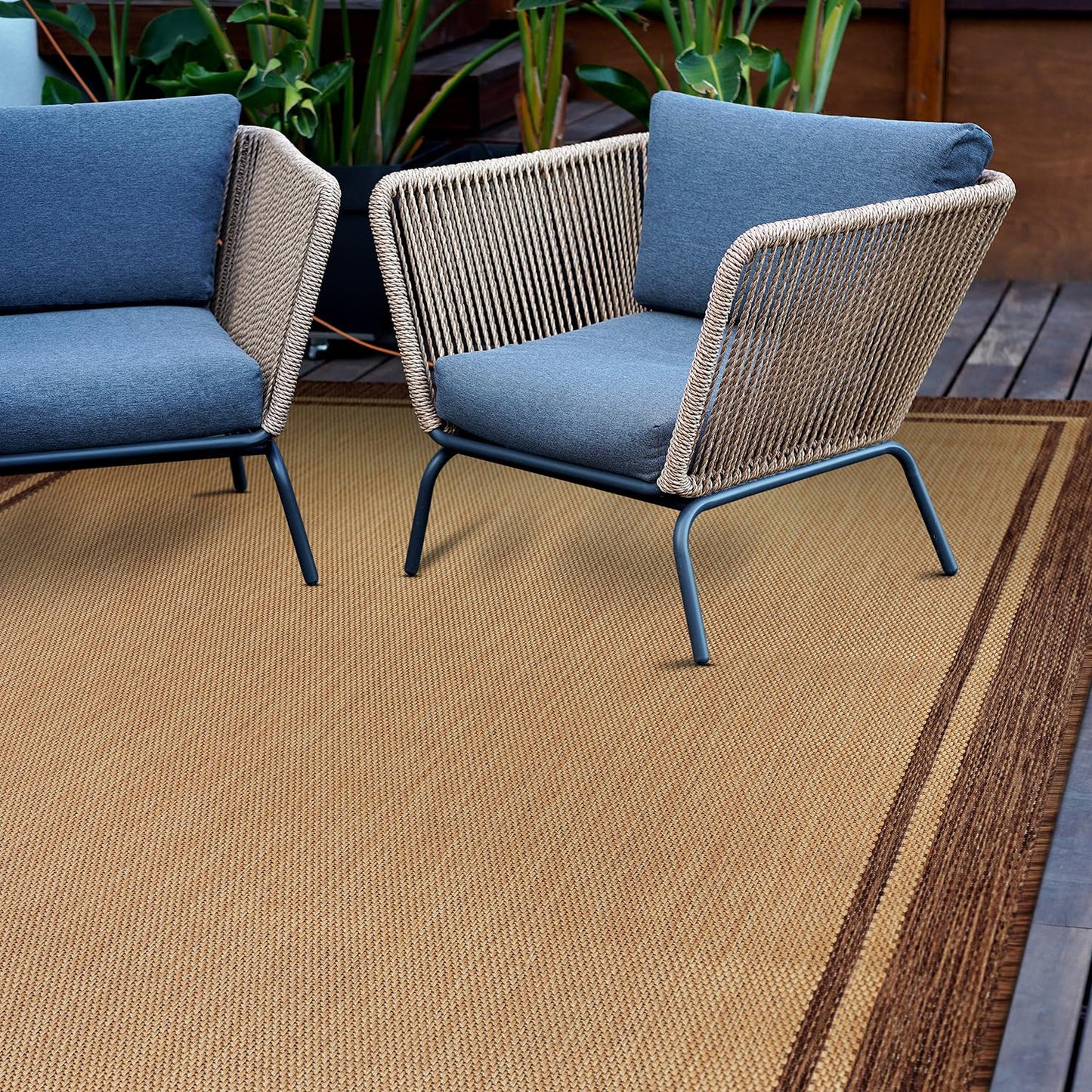 CAMILSON Summer Bordered, Washable Outdoor Indoor Area Rug, Camel, 8x10