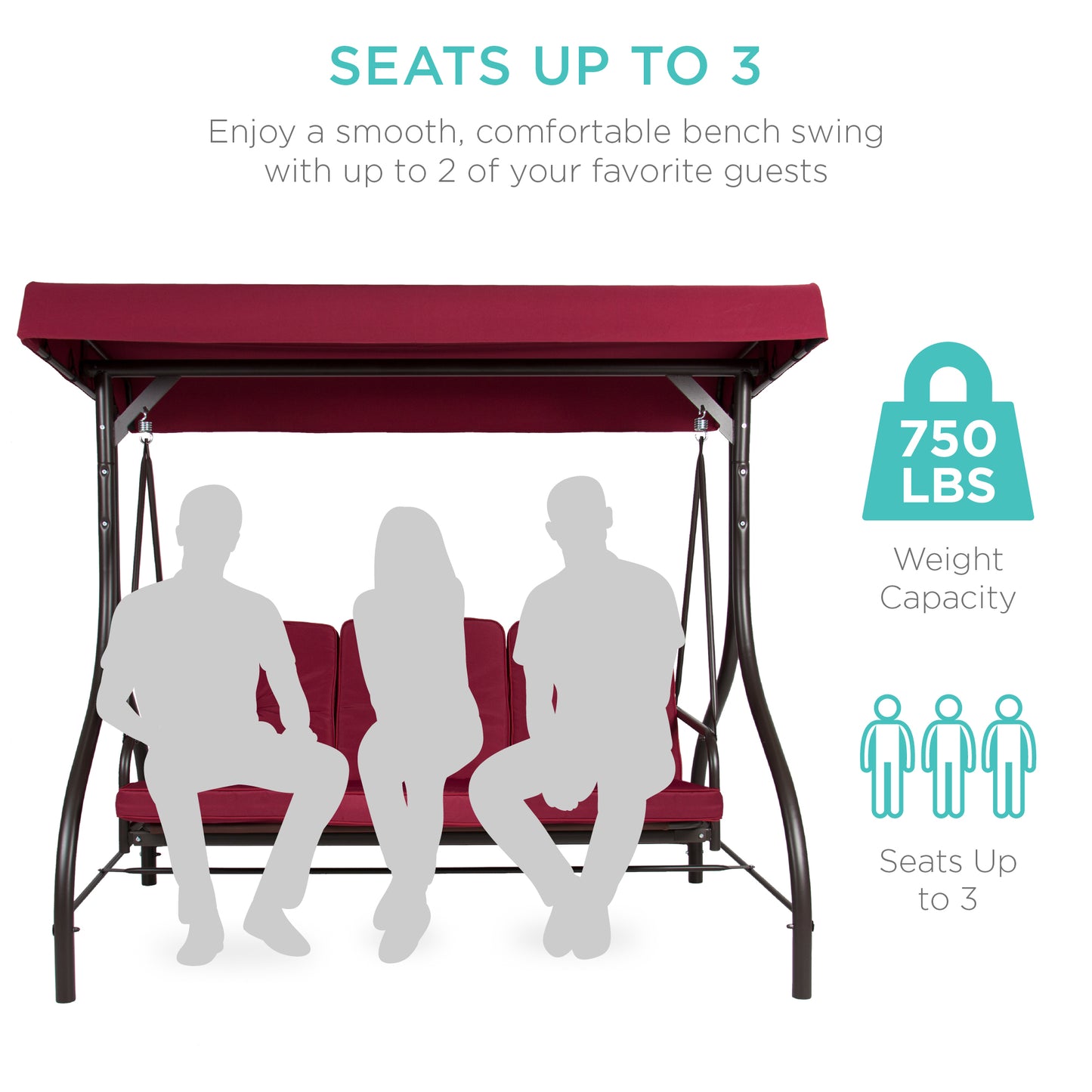 Best Choice Products 3-Seat Outdoor Converting Canopy Swing Glider Patio Hammock w/ Removable Cushions - Burgundy