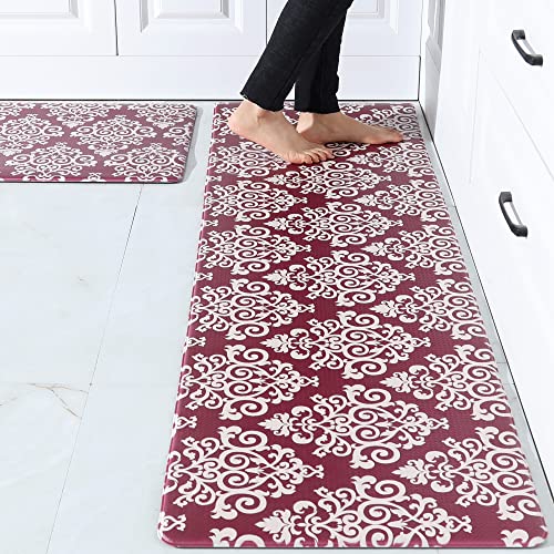 COSY HOMEER 59x18 Inch/30X18 Inch Cushioned Anti-Fatigue Kitchen Rug, 2 Pieces PVC Ergonomic Comfort Standing Foam Mats,Waterproof Non-Slip Kitchen Mats and Rugs for Floor Home Sink,RED