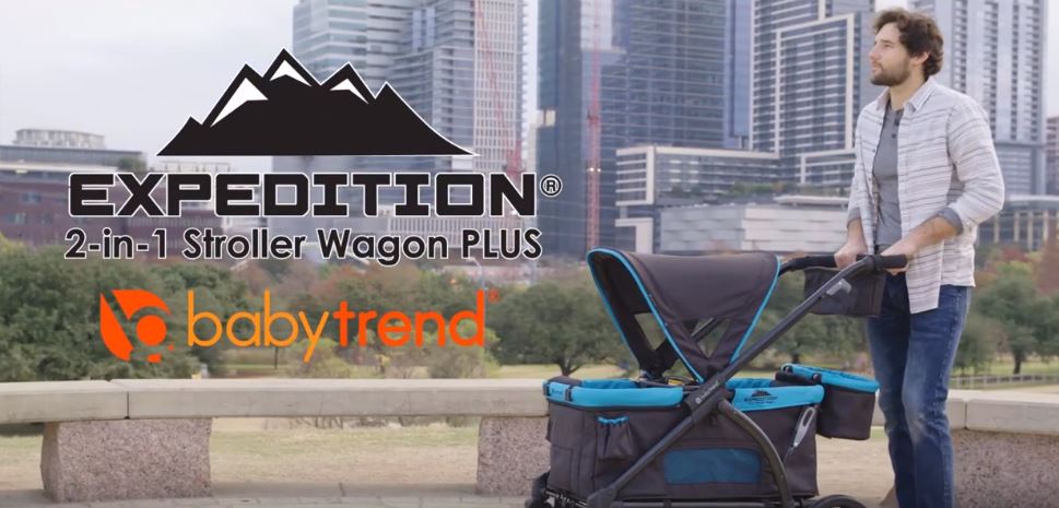 Baby Trend Expedition 2-in-1 Collapsible Stroller Wagon Plus with Canopy, Storage Basket, 2 Storage Trays, and 6 Bottle Holders, Modern Khaki