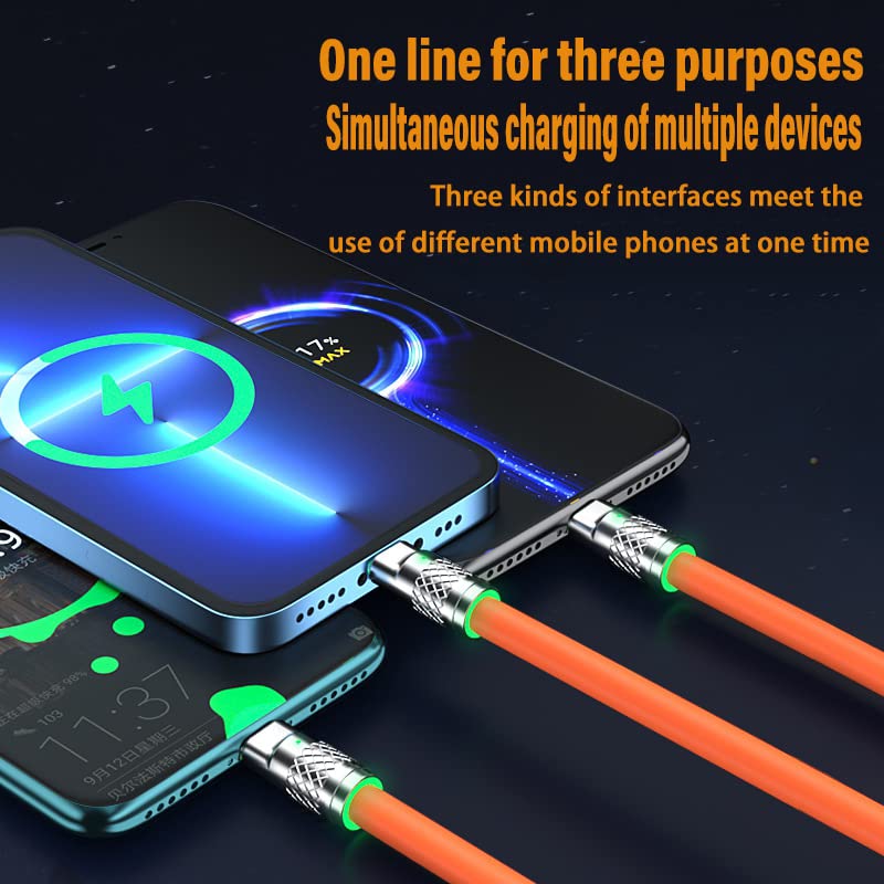 Multi 3 in 1 USB Charging Cable Car Thicken Mobile Phone 1.2M/4Ft 6A PD Fast Charging Cord, Universal Multiple Ports Long Charging Cabler for USB C/Micro USB/Lightning Connector (Yellow)