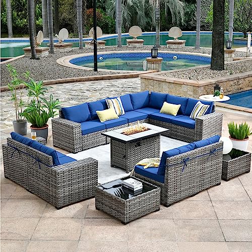 Outdoor Patio Sectional Furniture Sofa Set with Propane Fire Pit Table,13 Piece Large Modern Wicker Couch with Widened Armrest,Modular L Shaped Conversation Seating Set(Navy Blue)