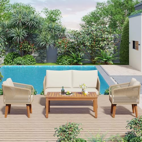 Merax 4-Piece Patio Furniture, Outdoor PE Rattan Conversation Sets 1 Loveseat, 2 Chairs and Acacia Wood Coffee Table for Backyard, Deck, Poolside, Garden, Beige Cushion + Natural Rope