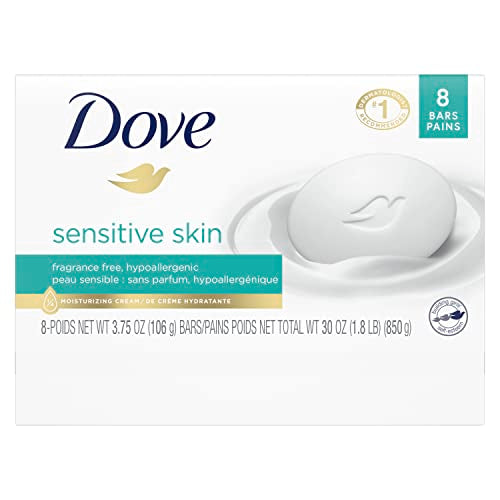 Dove Beauty Bar More Moisturizing Than Bar Soap for Softer Skin, Fragrance Free, Hypoallergenic Sensitive Skin With Gentle Cleanser 3.75 oz (Pack of 8)