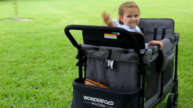 WONDERFOLD W4 Original Quad Stroller Wagon (4 Seater) - Collapsible Wagon Stroller with Seats with 5-Point Harnesses, Easy Access Zipper Door, and Removable Sun Canopy, Gray
