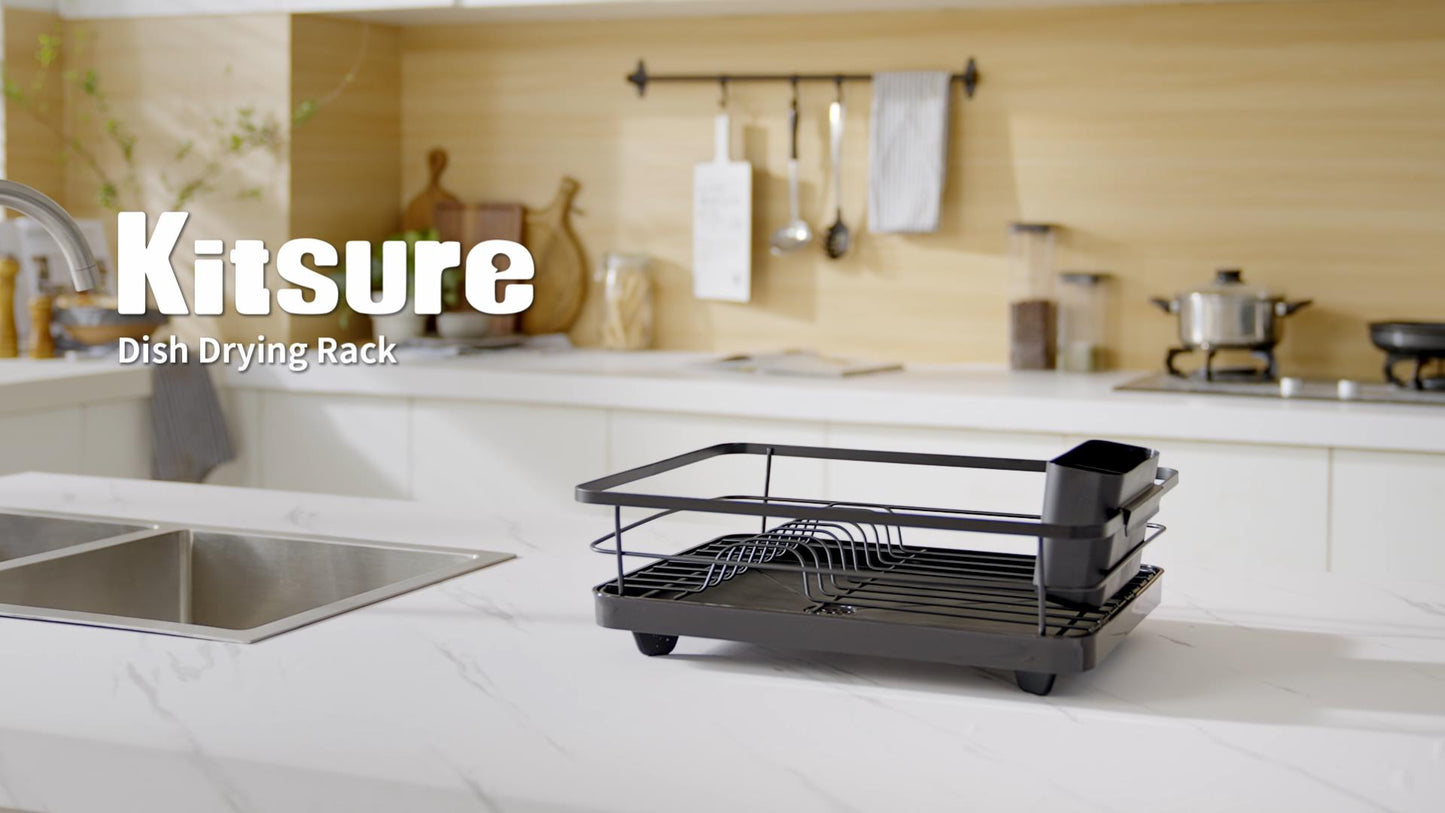 Kitsure Dish Drying Rack- Space-Saving Dish Rack, Dish Racks for Kitchen Counter, Stainless Steel Kitchen Drying Rack with a Cutlery Holder,12''W x 15''L, Black