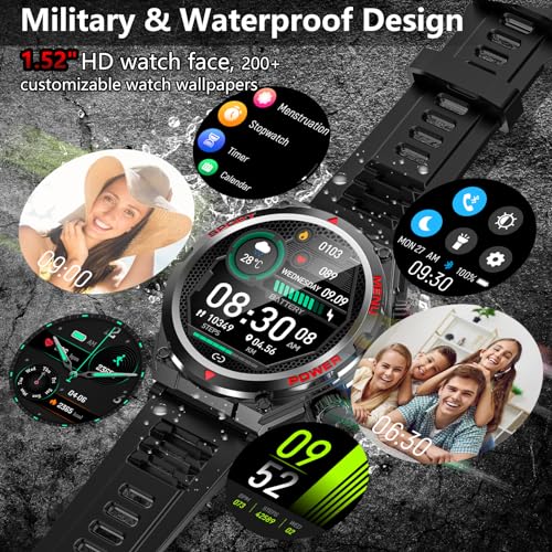 Military Smart Watch for Men Women, 1.52" HD Bluetooth Fitness Tracker for iPhone Android iOS , IP68 Waterproof Fitness Watch with Answer, Make Call, Heart Rate, Sleep Monitor, 100+ Sport Modes -Black