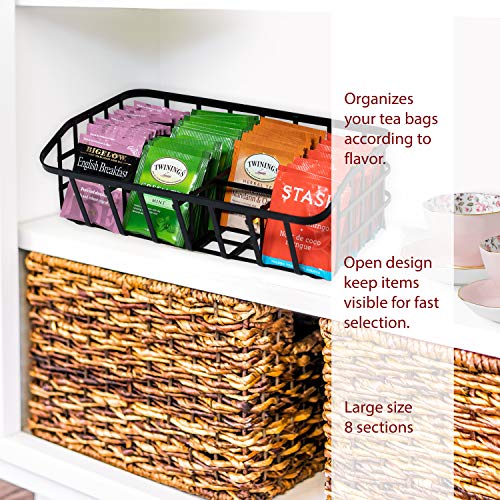 Tea Bag Organizer Caddy - Metal Tea Box Storage Holder for Tea, Cups, Pods, Packets, Condiment Accessories - Black