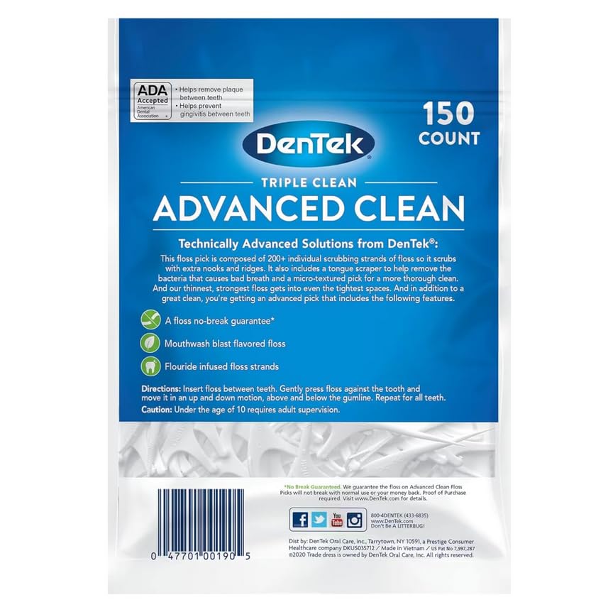 DenTek Triple Clean Advanced Clean Floss Picks, No Break & No Shred Floss, 150 Count