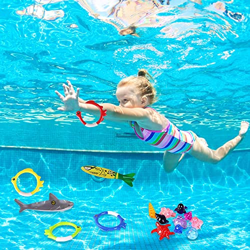Summer Pool Diving Swimming Toys for Kids, Fun Swim Games Sinking Set, Underwater Dive Gifts with Storage Bag Include Torpedo Gems Shark Rings Sea Animals for Boys Girls Toddlers 20 Packs