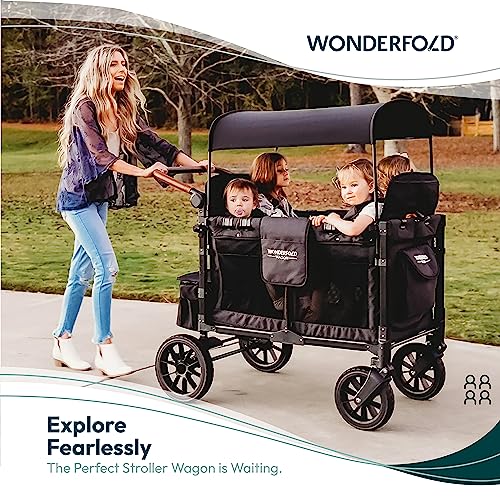 WONDERFOLD W4 Luxe Quad Stroller Wagon (4 Seater) - Collapsible Wagon Stroller with Seats with Magnetic Buckle 5-Point Harnesses and Adjustable Sun Canopy, Elite Black Camo