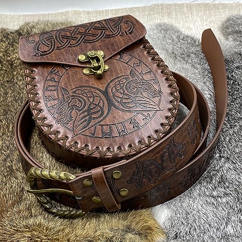 HiiFeuer Medieval Embossed O Ring Belt with Nordic Embossed Belt Bag, Vintage Faux Leather Belt and Belt Pouch Set for LARP