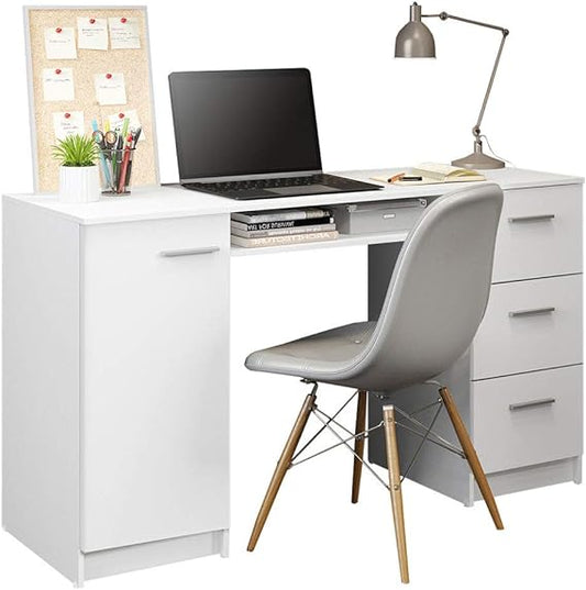 Madesa Computer Desk with 3 Drawers, 1 Door and 1 Storage Shelf, Wood Writing Home Office Workstation, Office Desk with Drawers - 30” H x 18” D x 53” W - White