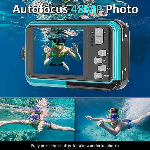 4K Underwater Camera 11FT Waterproof Camera with 32GB Card 48MP Autofocus Dual-Screen Selfie Underwater Camera for Snorkeling Waterproof Compact Floatable Digital Camera 1250mAh Battery Type-C (Blue)