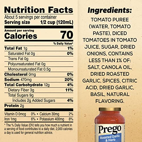 Prego Pasta Sauce, Italian Tomato Sauce with Roasted Garlic & Herbs, 24 oz Jar