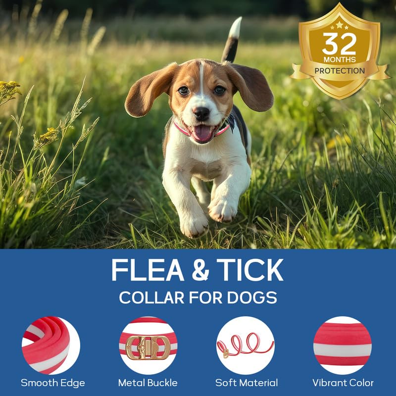 4 Pack Flea Collar for Dogs, Flea and Tick Collar for Dogs Red & White, 32 Months Flea and Tick Prevention for Dogs, Dog Flea and Tick Treatment, Water-Resistant & Adjustable Dog Flea Collar
