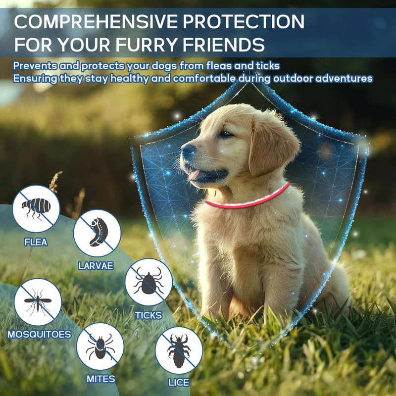 4 Pack Flea Collar for Dogs, Flea and Tick Collar for Dogs Red & White, 32 Months Flea and Tick Prevention for Dogs, Dog Flea and Tick Treatment, Water-Resistant & Adjustable Dog Flea Collar