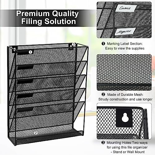 EasyPAG Wall File Organizer 5 Tier Vertical Hanging File Organizer Wall Mount File Holder Paper Folder Rack with Bottom Flat Tray for Office and Home,Black