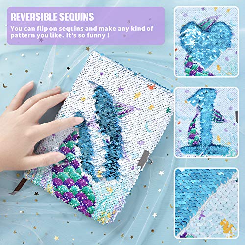 WERNNSAI Sequins Notebook Set - Sparkly Mermaid Gift for Girls Kids Christmas Birthday Notebooks Journal Diary with Lock School Travel A5 Lined Memos Writing Drawing Notepad Ballpoint Pen Bracelet Key-chain