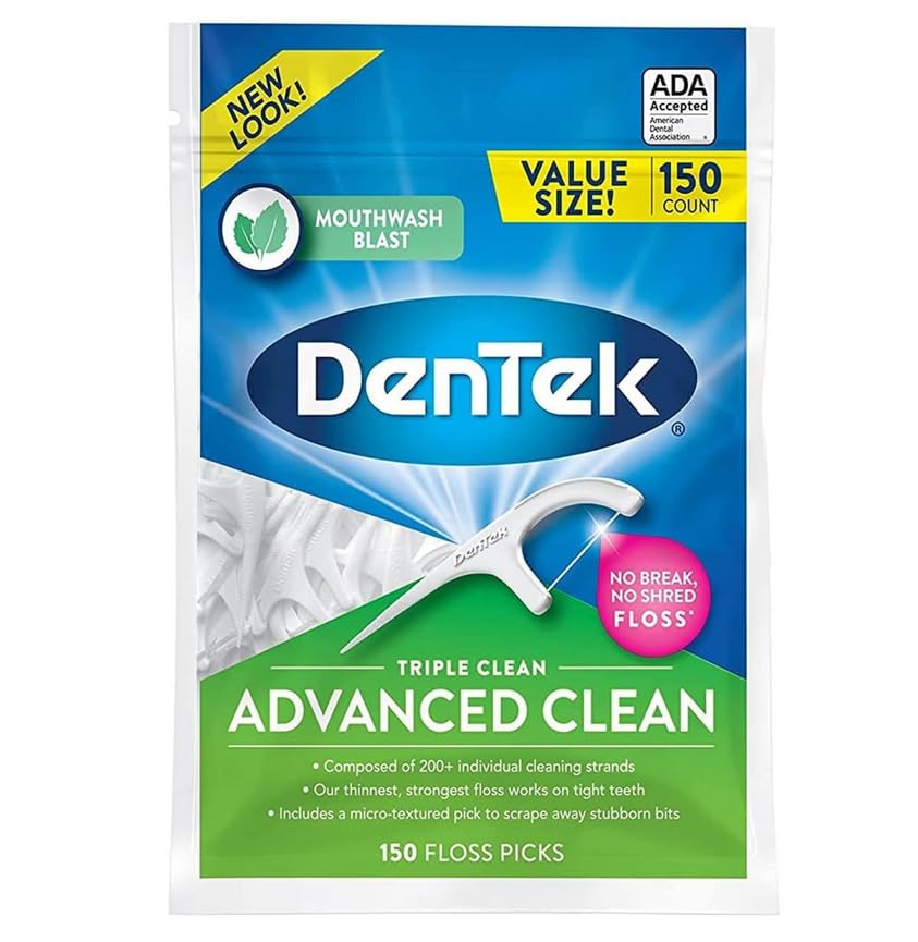 DenTek Triple Clean Advanced Clean Floss Picks, No Break & No Shred Floss, 150 Count