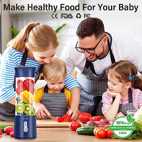 Personal Juicer, Miaoke Portable Blender 17 Oz 6 Leaves High-Speed 304 Stainless Steel Blade 22000 R/Min 4000Ah Type-C Rechargeable 4-Grade power prompt With Portable Removable Cup Lid/Dark Blue